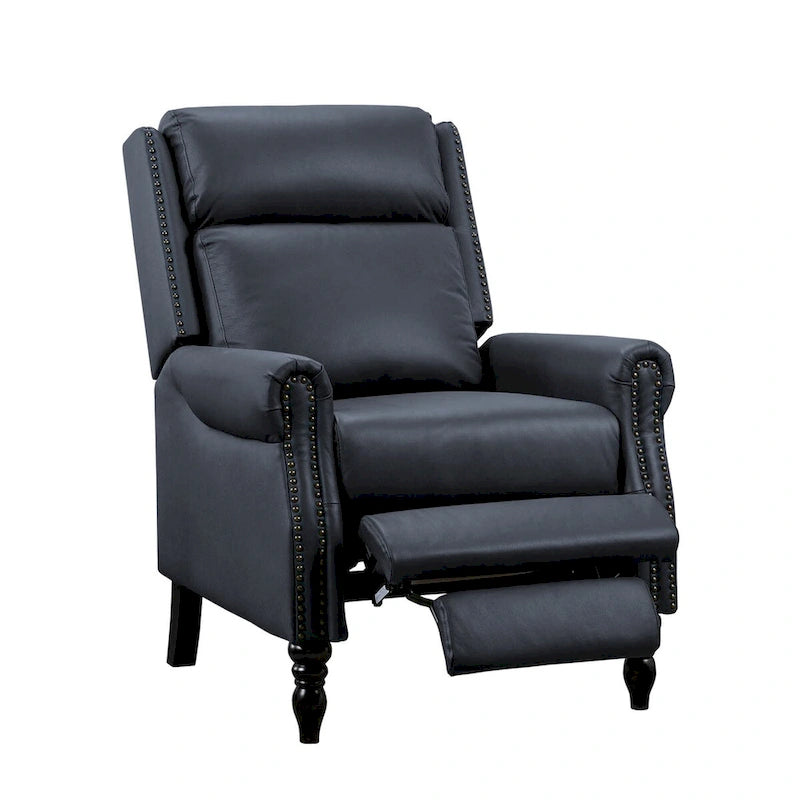 Mid-Century Genuine Leather Push-Back Recliner Armchair with Nailhead Trim