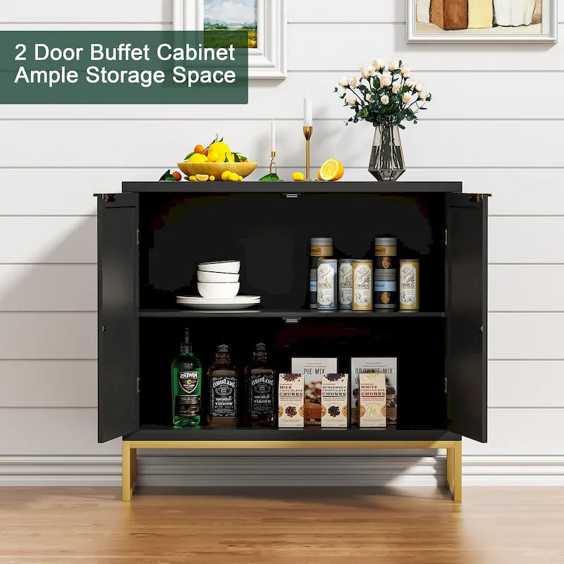 2-Door Black Rattan Buffet Sideboard Accent Storage Cabinet with Adjustable Shelf