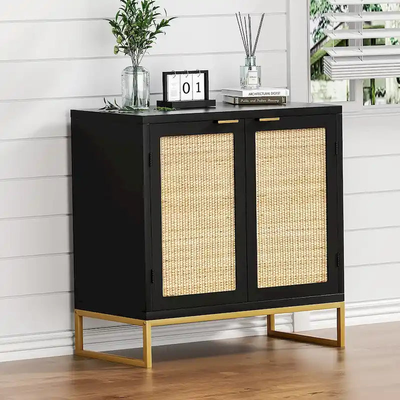 2-Door Black Rattan Buffet Sideboard Accent Storage Cabinet with Adjustable Shelf