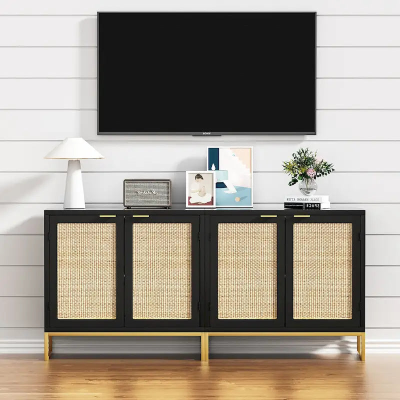 2-Door Black Rattan Buffet Sideboard Accent Storage Cabinet with Adjustable Shelf