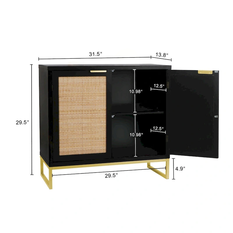 2-Door Black Rattan Buffet Sideboard Accent Storage Cabinet with Adjustable Shelf