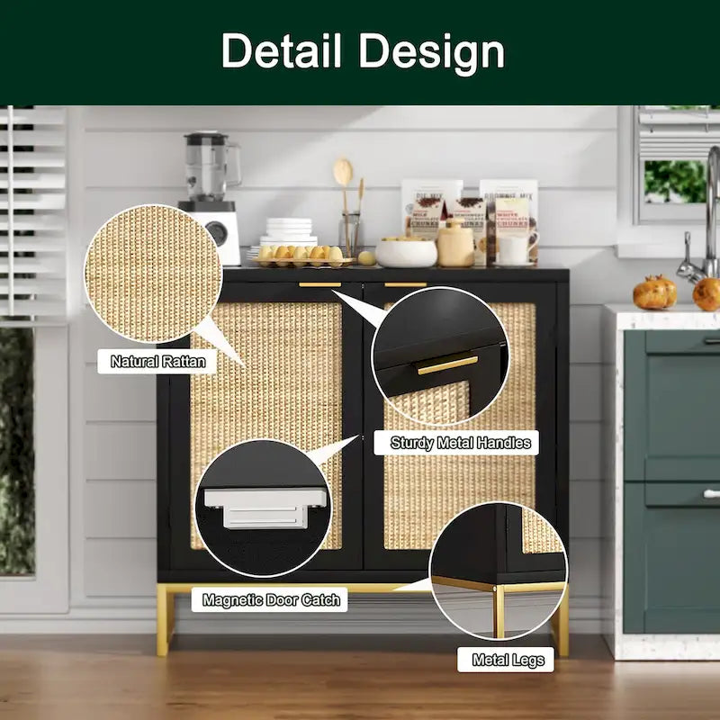 2-Door Black Rattan Buffet Sideboard Accent Storage Cabinet with Adjustable Shelf