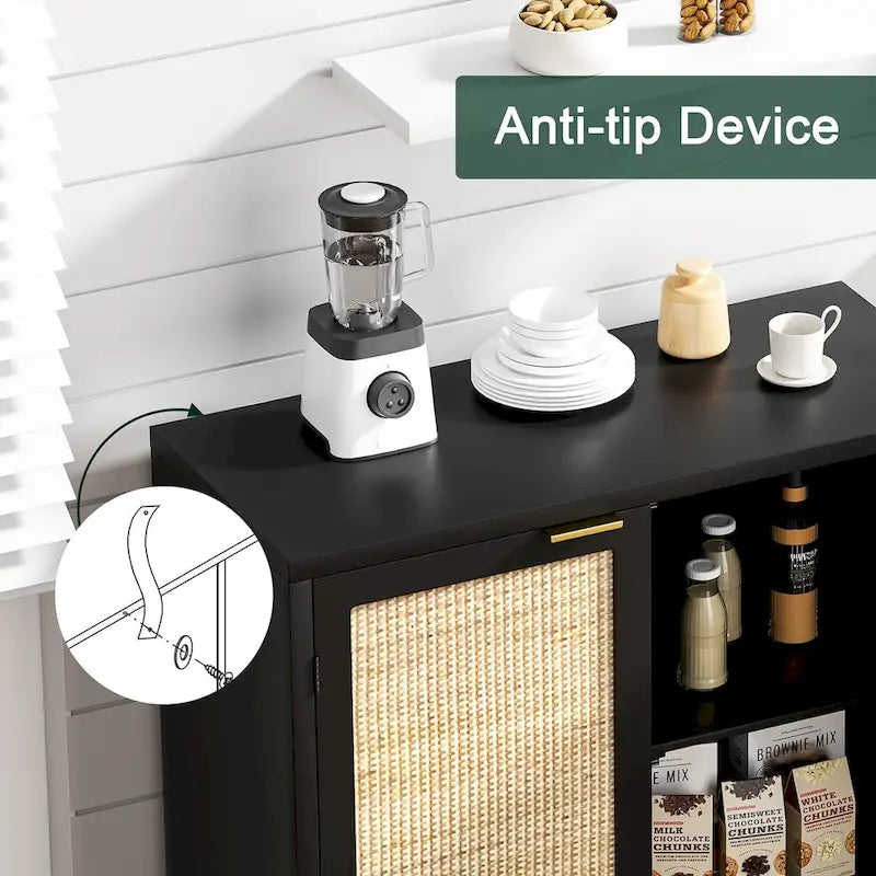 2-Door Black Rattan Buffet Sideboard Accent Storage Cabinet with Adjustable Shelf
