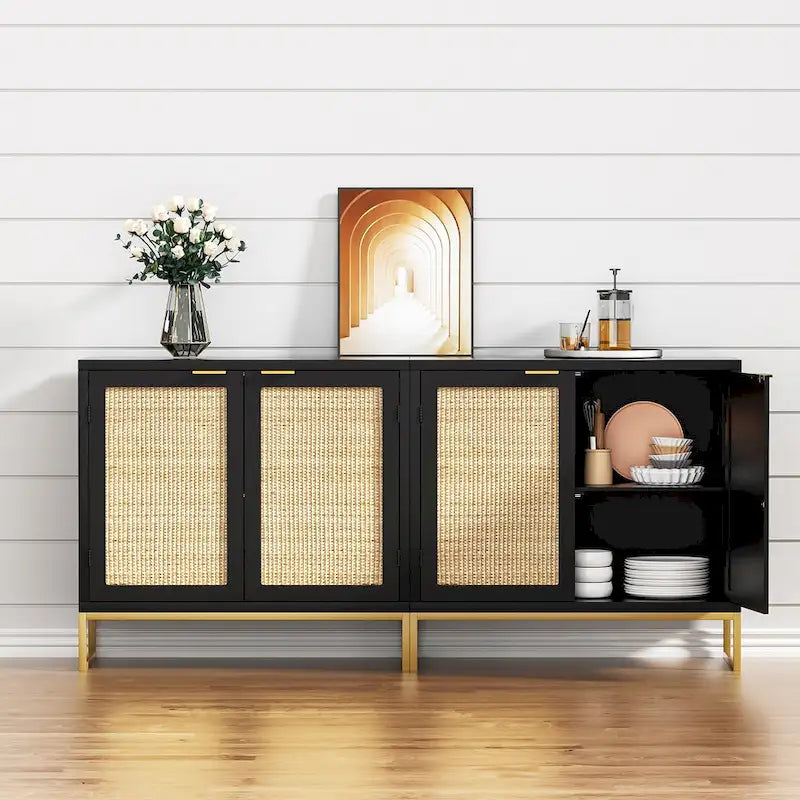 2-Door Black Rattan Buffet Sideboard Accent Storage Cabinet with Adjustable Shelf