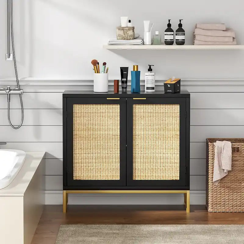 2-Door Black Rattan Buffet Sideboard Accent Storage Cabinet with Adjustable Shelf