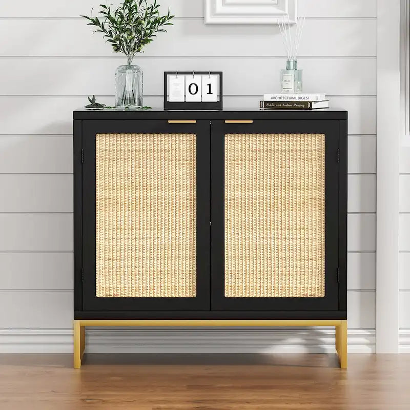 2-Door Black Rattan Buffet Sideboard Accent Storage Cabinet with Adjustable Shelf