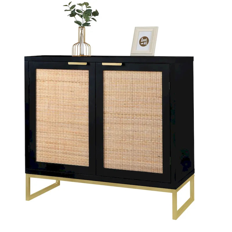 2-Door Black Rattan Buffet Sideboard Accent Storage Cabinet with Adjustable Shelf