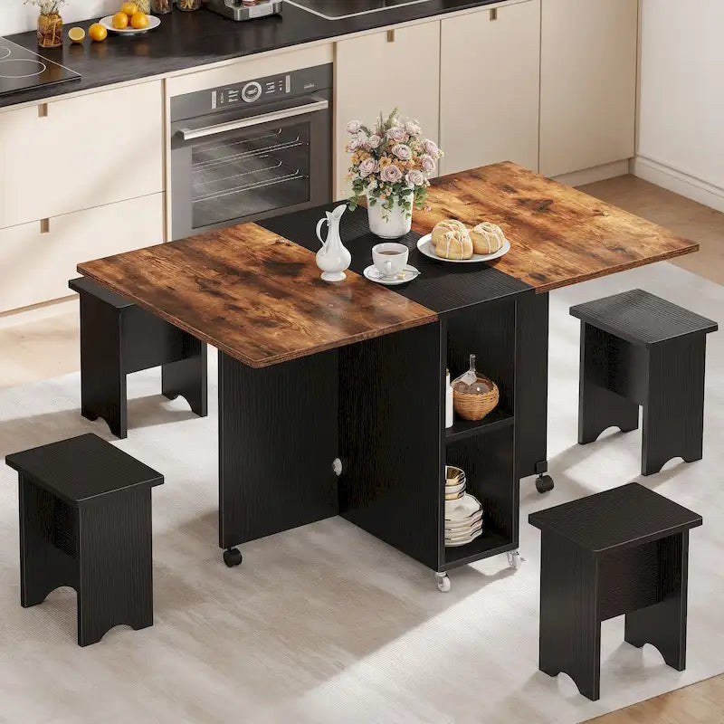 Drop Leaf Folding Dining Table with Storage Shelves and Wheels, Grey/Brown