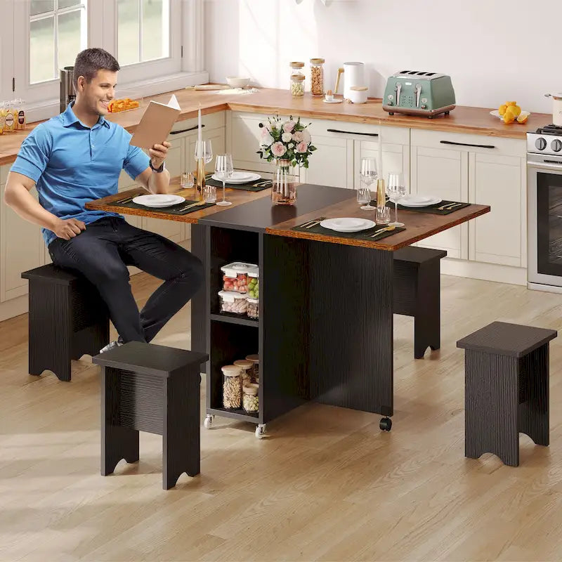 Drop Leaf Folding Dining Table with Storage Shelves and Wheels, Grey/Brown