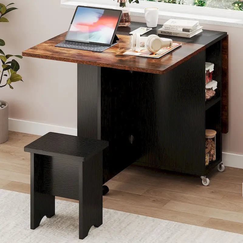 Drop Leaf Folding Dining Table with Storage Shelves and Wheels, Grey/Brown