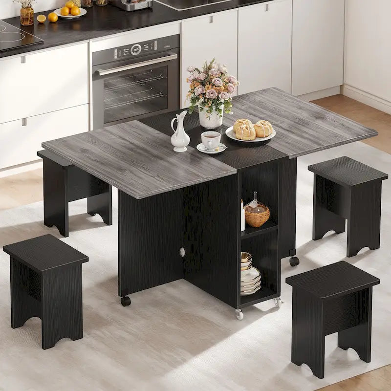 Drop Leaf Folding Dining Table with Storage Shelves and Wheels, Grey/Brown