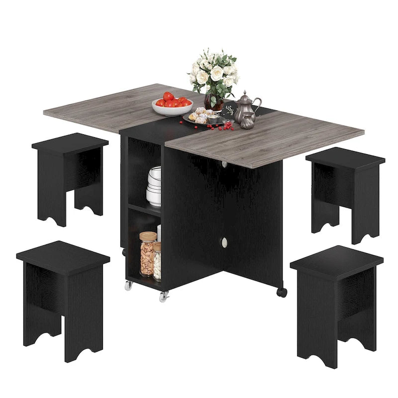 Drop Leaf Folding Dining Table with Storage Shelves and Wheels, Grey/Brown