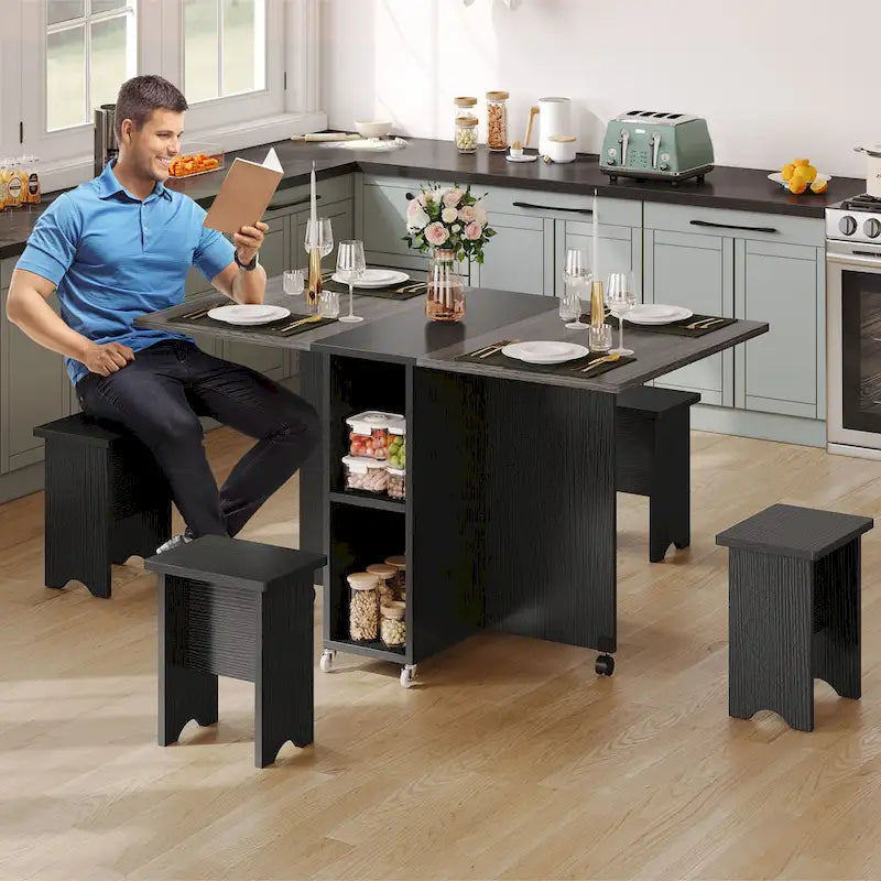 Drop Leaf Folding Dining Table with Storage Shelves and Wheels, Grey/Brown