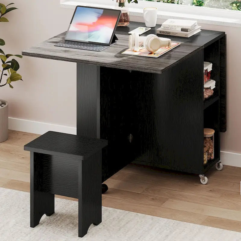 Drop Leaf Folding Dining Table with Storage Shelves and Wheels, Grey/Brown