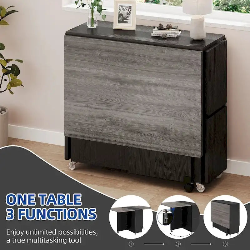 Drop Leaf Folding Dining Table with Storage Shelves and Wheels, Grey/Brown