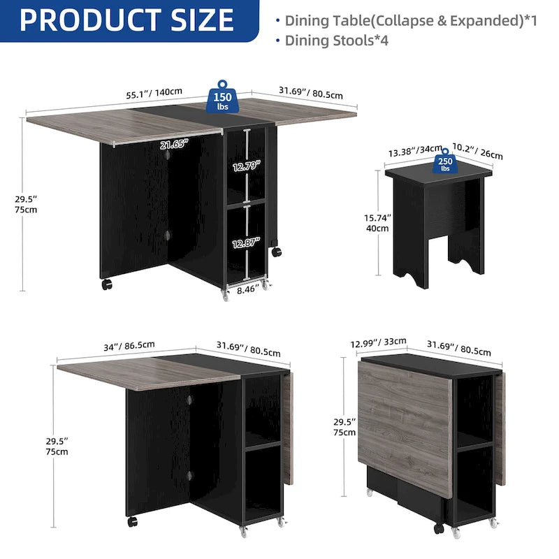 Drop Leaf Folding Dining Table with Storage Shelves and Wheels, Grey/Brown
