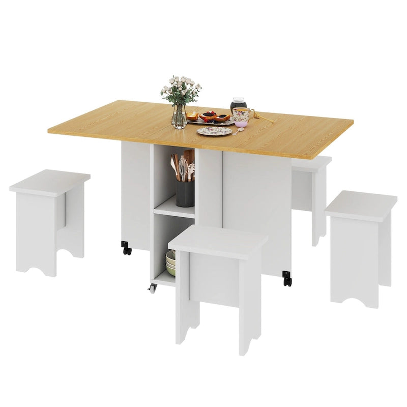 Drop Leaf Folding Dining Table with Storage Shelves and Wheels, Grey/Brown