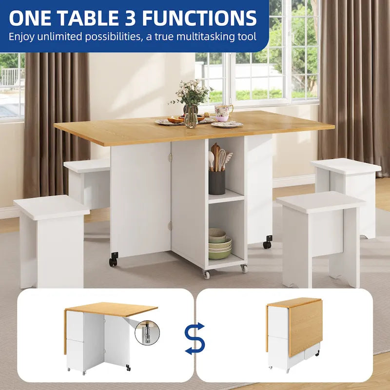 Drop Leaf Folding Dining Table with Storage Shelves and Wheels, Grey/Brown