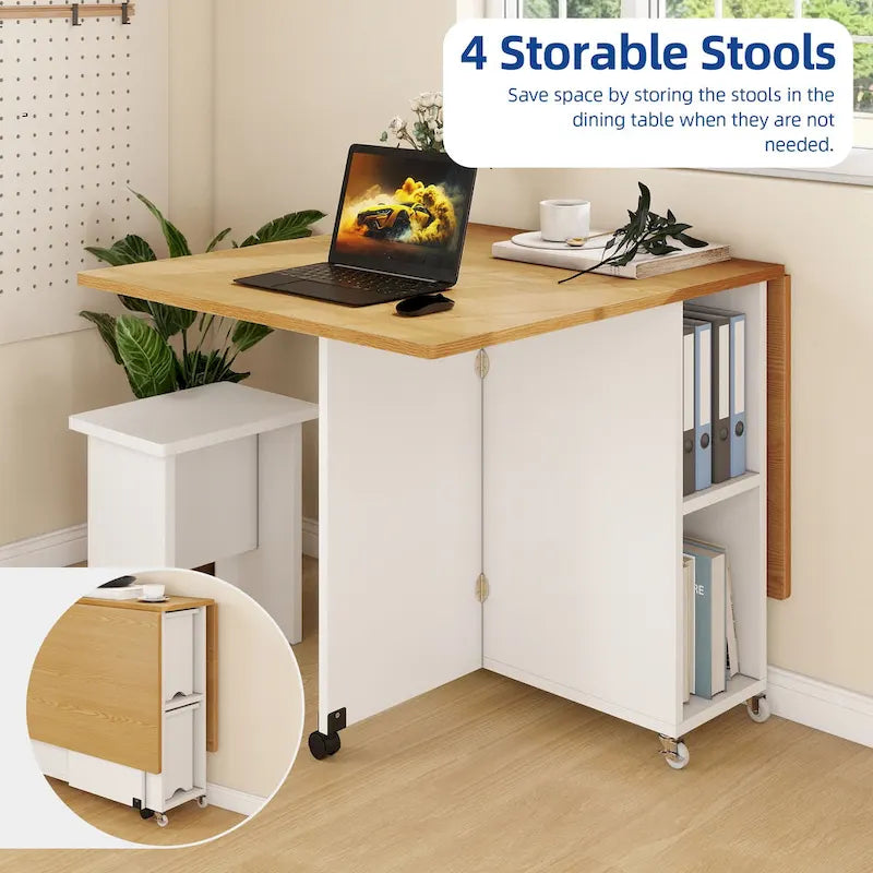 Drop Leaf Folding Dining Table with Storage Shelves and Wheels, Grey/Brown