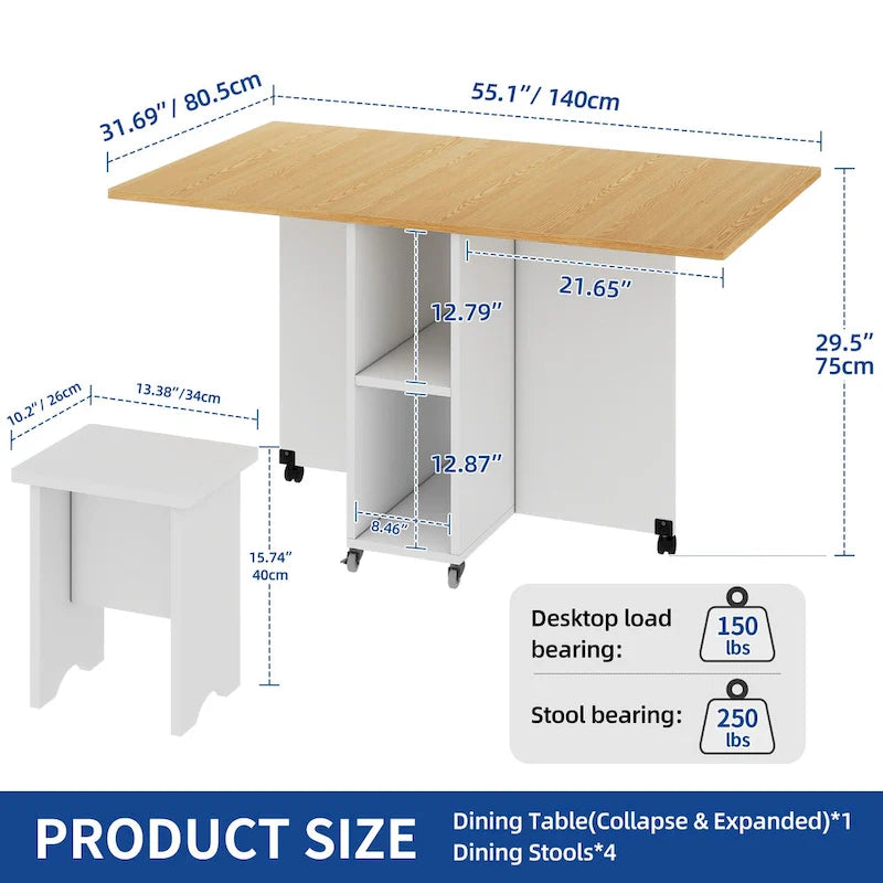 Drop Leaf Folding Dining Table with Storage Shelves and Wheels, Grey/Brown