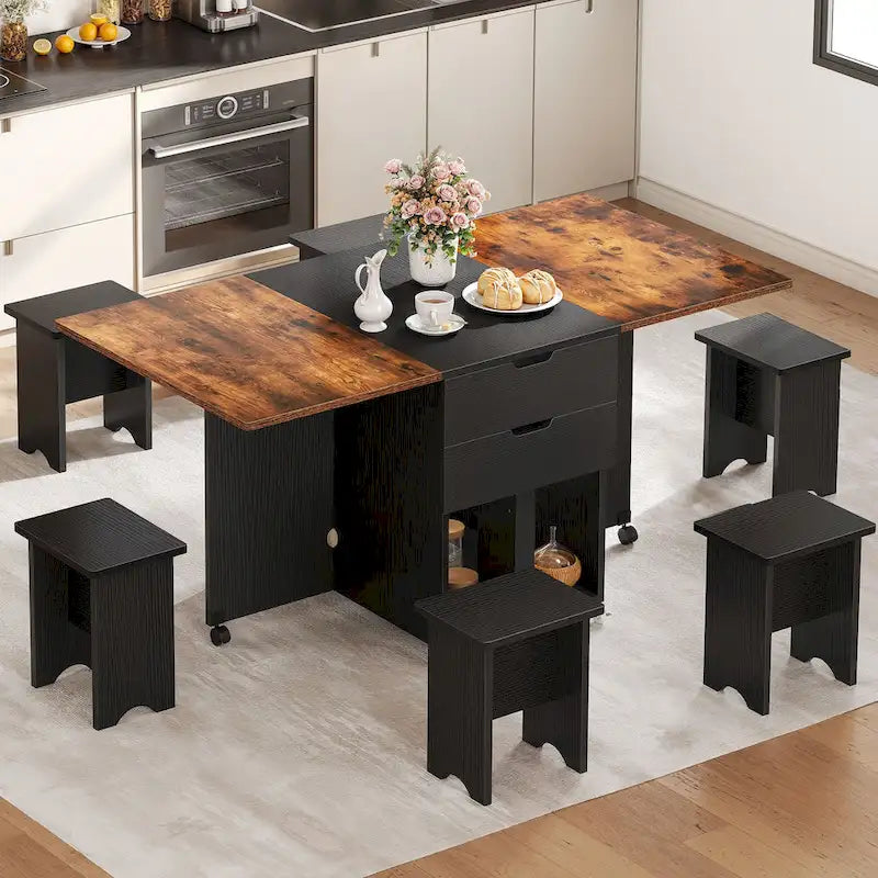 Drop Leaf Folding Dining Table with Storage Shelves and Wheels, Grey/Brown