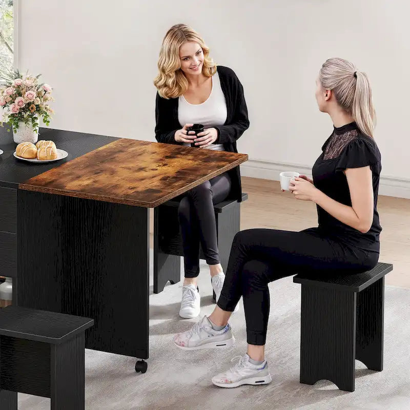 Drop Leaf Folding Dining Table with Storage Shelves and Wheels, Grey/Brown