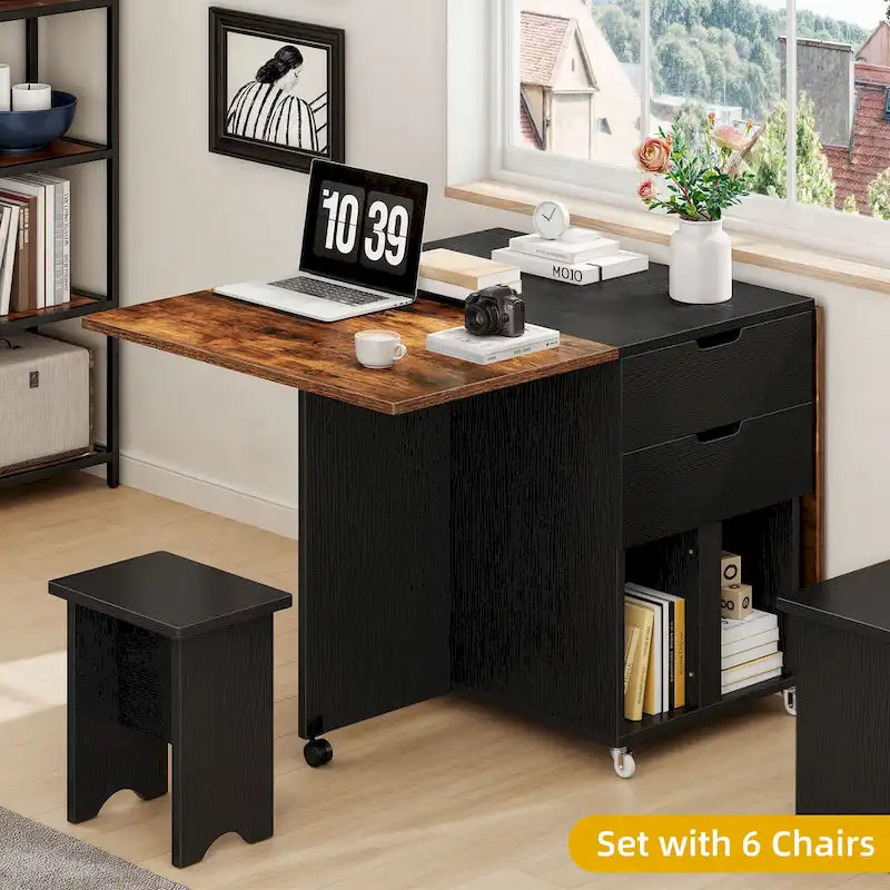 Drop Leaf Folding Dining Table with Storage Shelves and Wheels, Grey/Brown