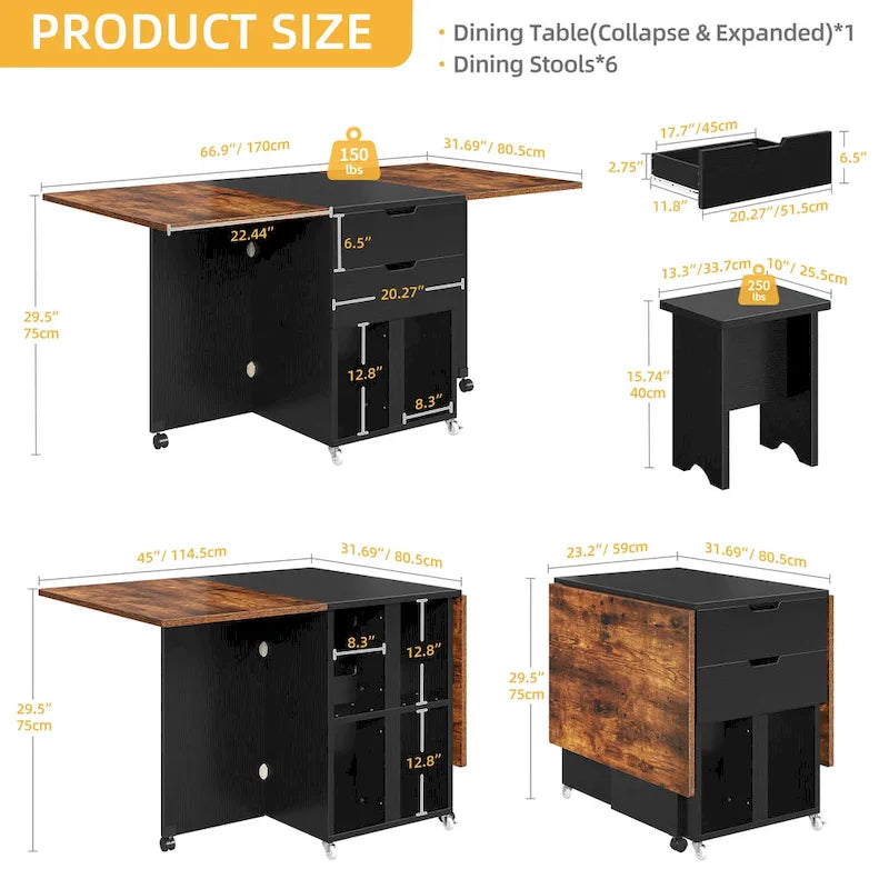 Drop Leaf Folding Dining Table with Storage Shelves and Wheels, Grey/Brown