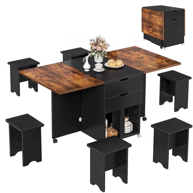 Drop Leaf Folding Dining Table with Storage Shelves and Wheels, Grey/Brown