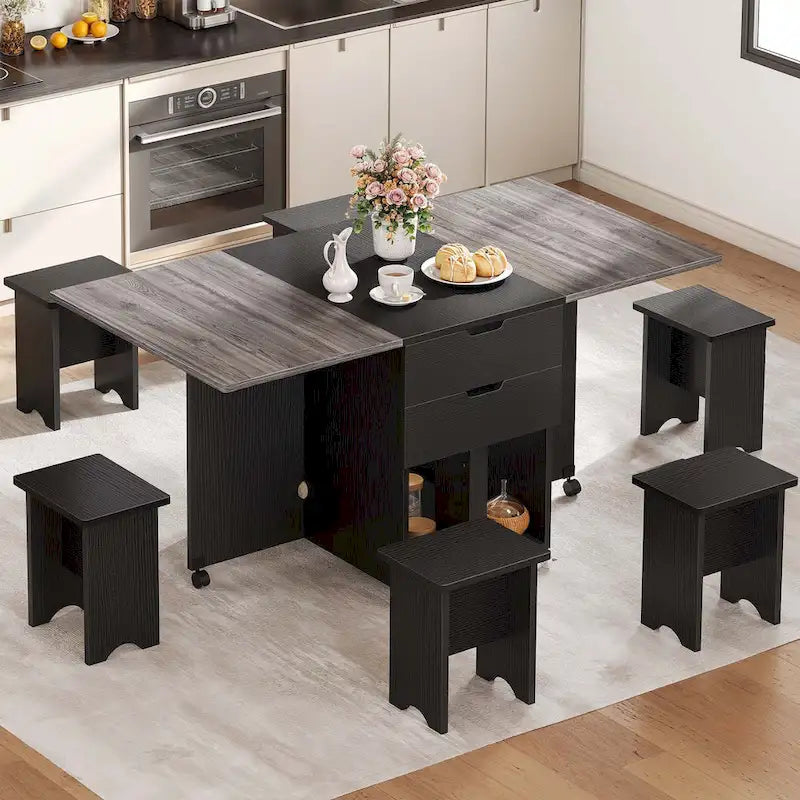 Drop Leaf Folding Dining Table with Storage Shelves and Wheels, Grey/Brown
