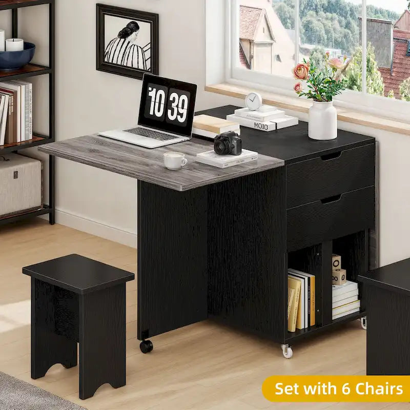Drop Leaf Folding Dining Table with Storage Shelves and Wheels, Grey/Brown