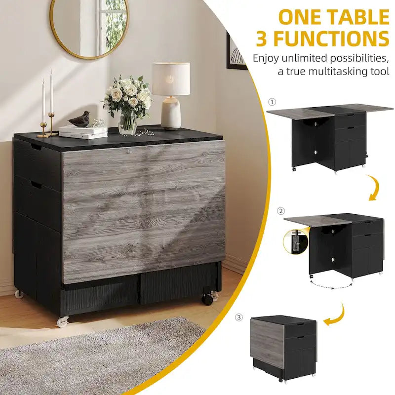 Drop Leaf Folding Dining Table with Storage Shelves and Wheels, Grey/Brown