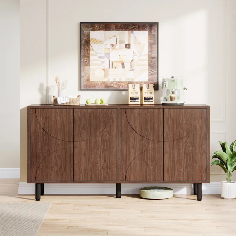 Brown Wood Grain Sideboard Buffet Cabinet with 4 Doors Adjustable Shelves