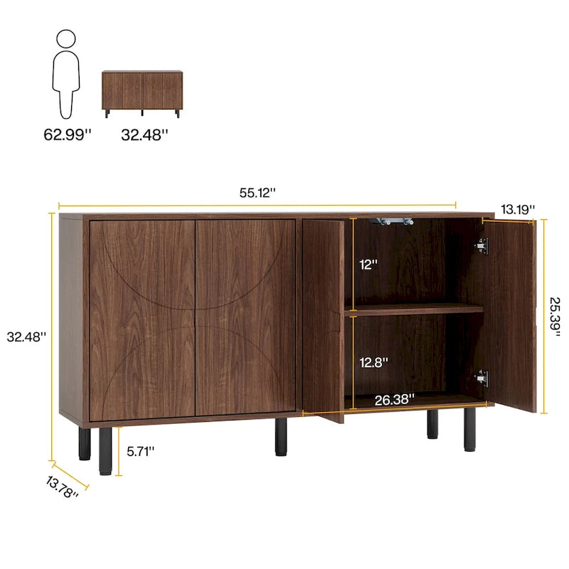 Brown Wood Grain Sideboard Buffet Cabinet with 4 Doors Adjustable Shelves