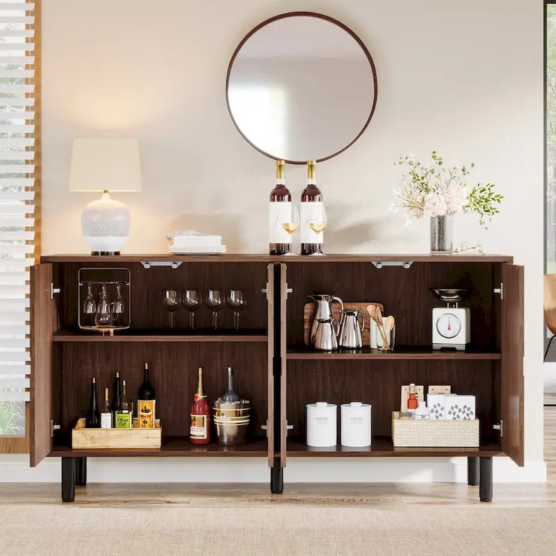 Brown Wood Grain Sideboard Buffet Cabinet with 4 Doors Adjustable Shelves