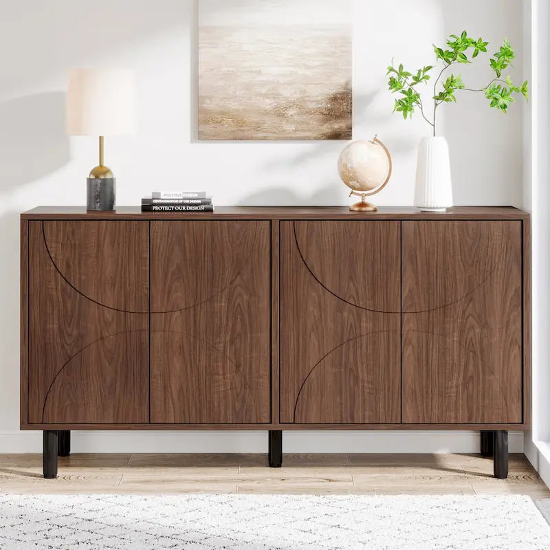 Brown Wood Grain Sideboard Buffet Cabinet with 4 Doors Adjustable Shelves
