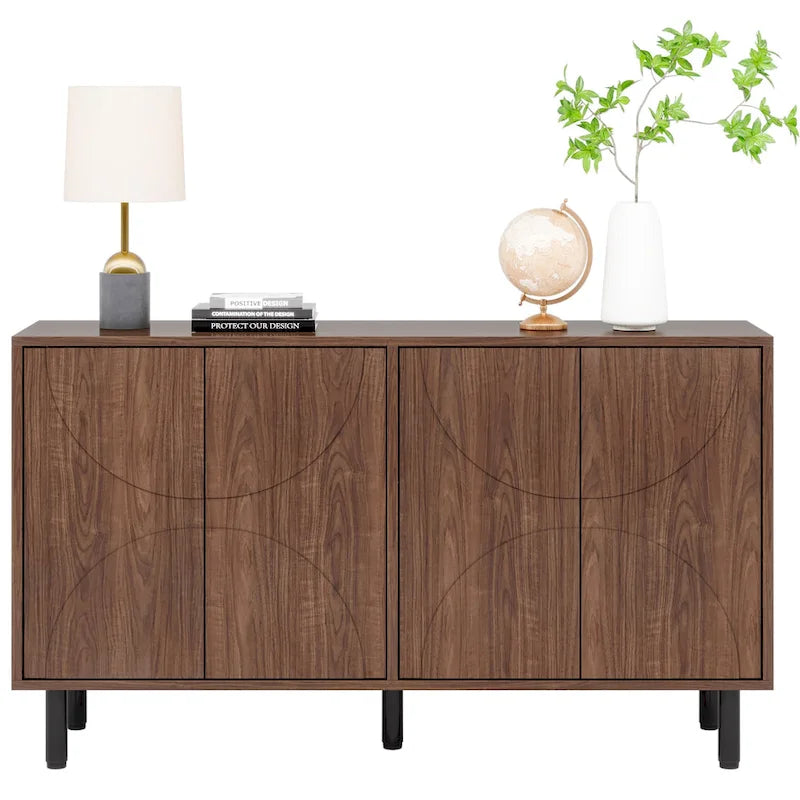 Brown Wood Grain Sideboard Buffet Cabinet with 4 Doors Adjustable Shelves