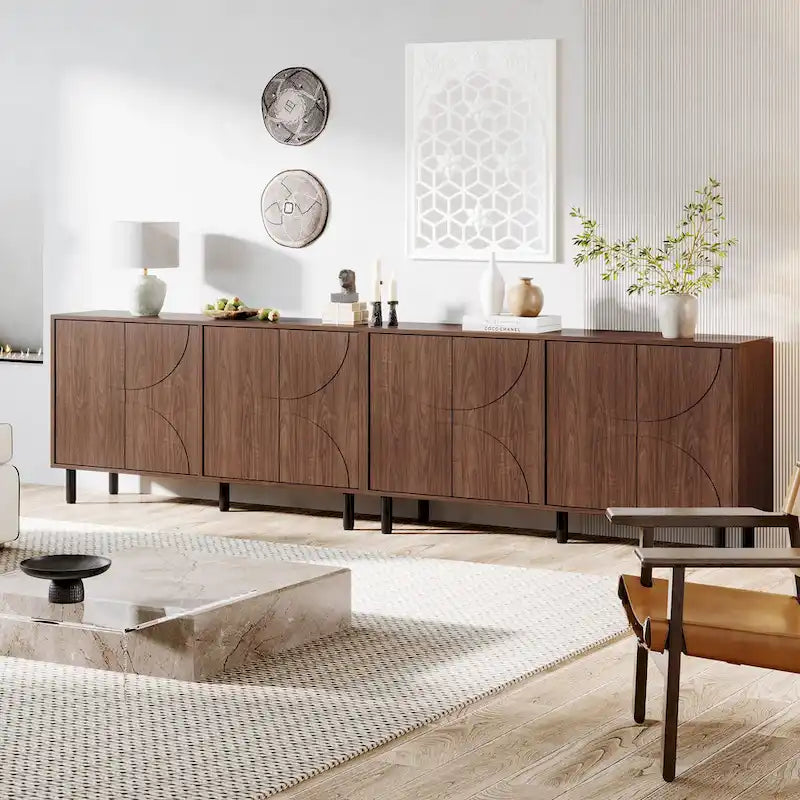 Brown Wood Grain Sideboard Buffet Cabinet with 4 Doors Adjustable Shelves