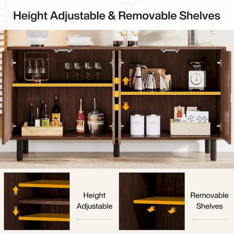 Brown Wood Grain Sideboard Buffet Cabinet with 4 Doors Adjustable Shelves