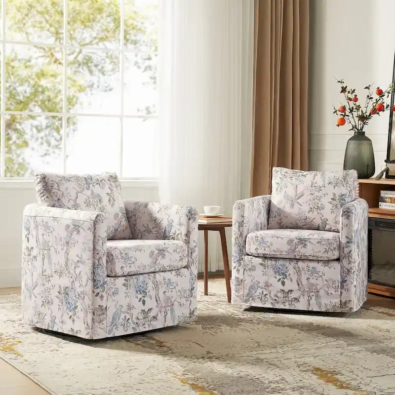 Modern Floral Slipcovered Swivel Accent Chair with Removable Cushions