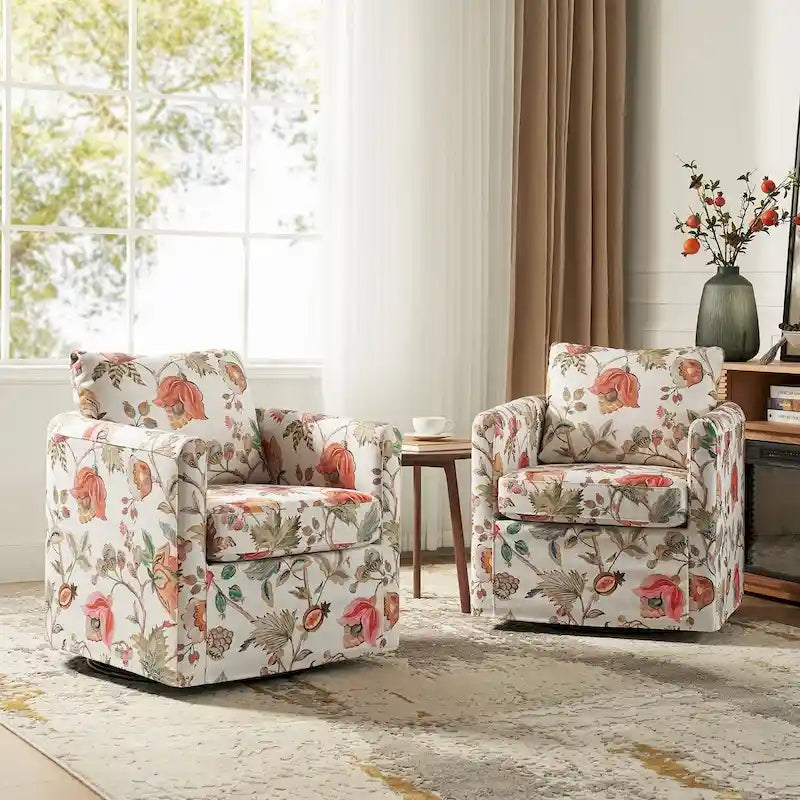 Modern Floral Slipcovered Swivel Accent Chair with Removable Cushions