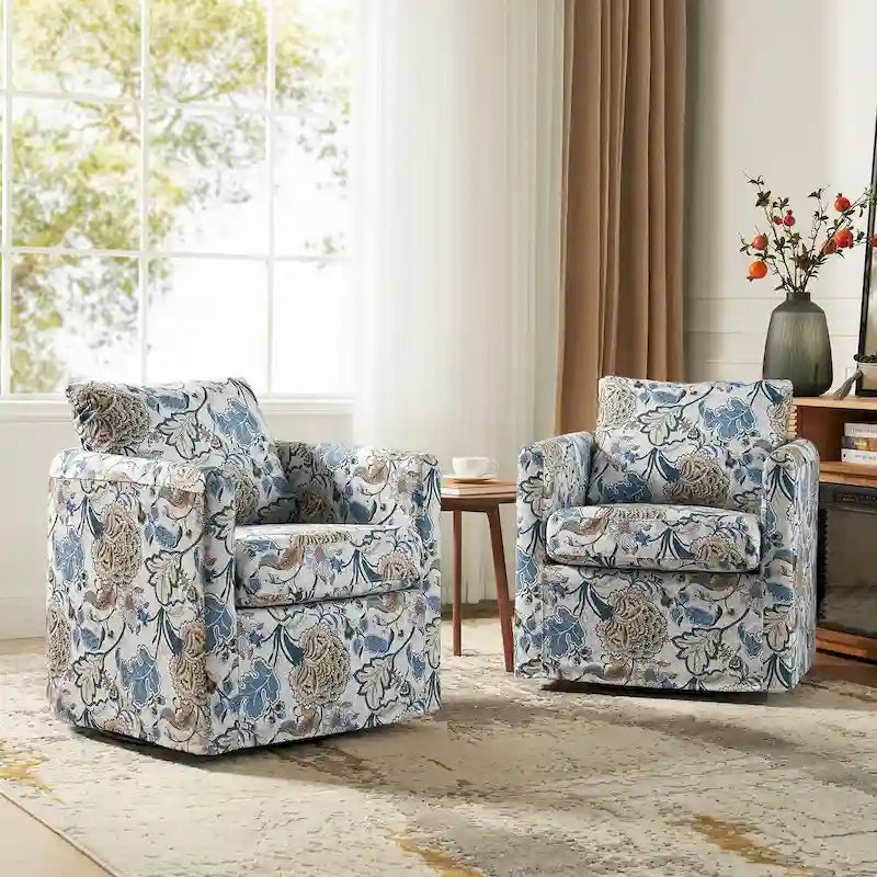 Modern Floral Slipcovered Swivel Accent Chair with Removable Cushions