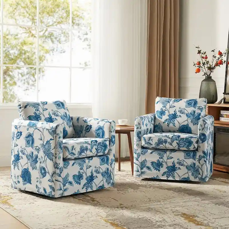 Modern Floral Slipcovered Swivel Accent Chair with Removable Cushions