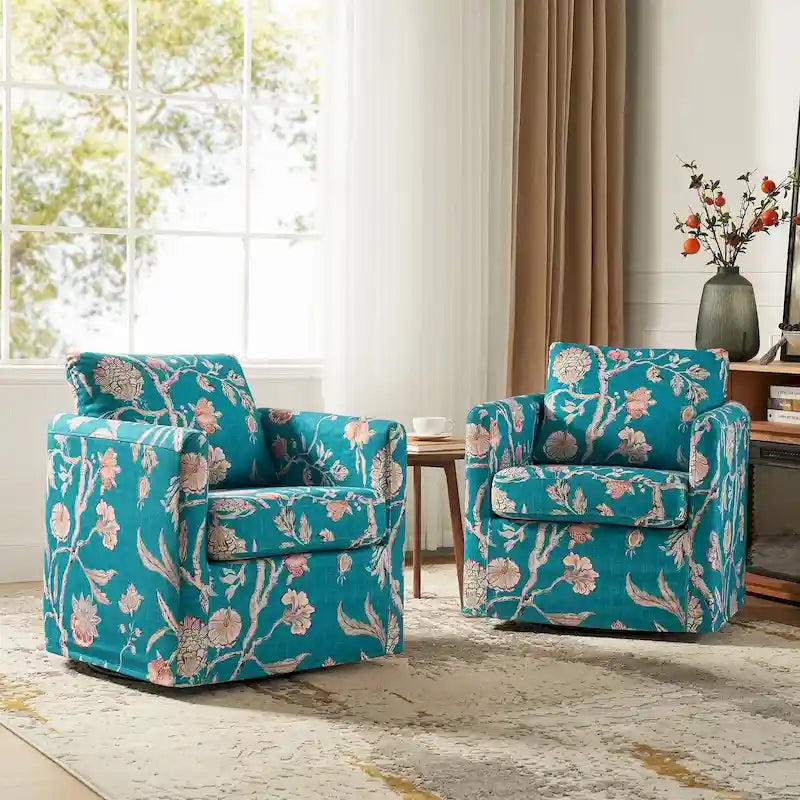 Modern Floral Slipcovered Swivel Accent Chair with Removable Cushions