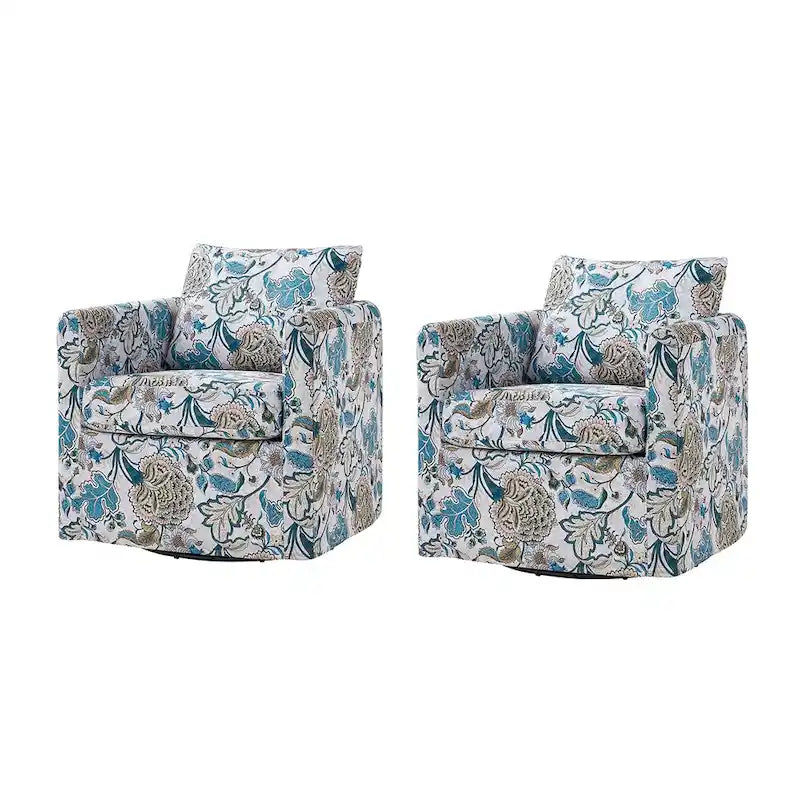 Modern Floral Slipcovered Swivel Accent Chair with Removable Cushions