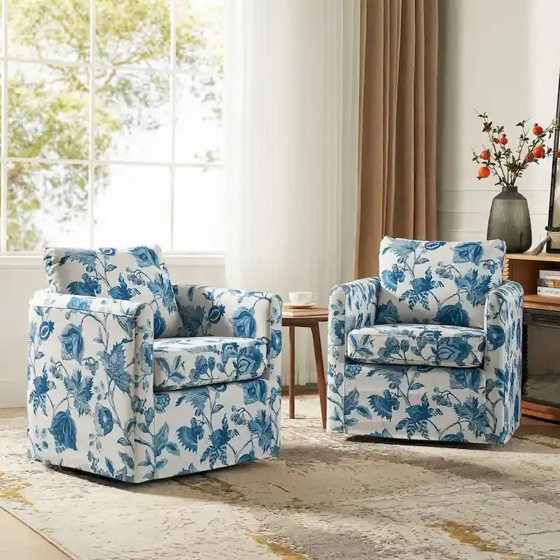 Modern Floral Slipcovered Swivel Accent Chair with Removable Cushions