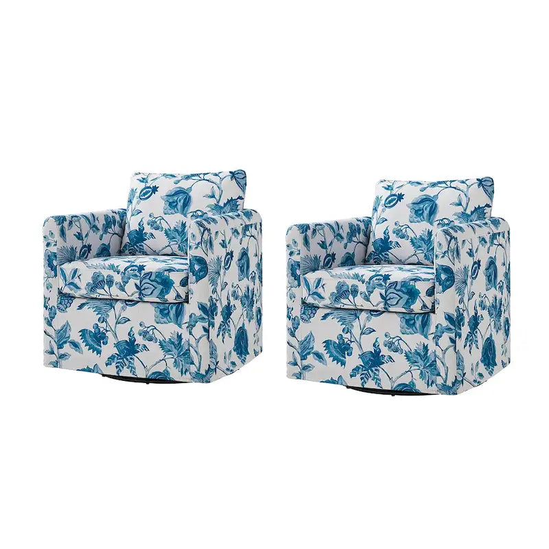 Modern Floral Slipcovered Swivel Accent Chair with Removable Cushions