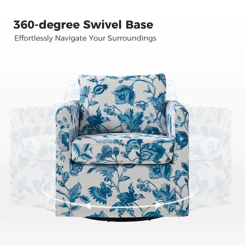 Modern Floral Slipcovered Swivel Accent Chair with Removable Cushions