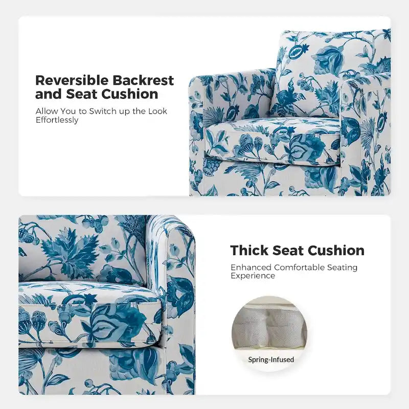 Modern Floral Slipcovered Swivel Accent Chair with Removable Cushions