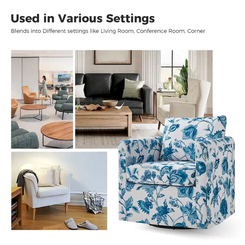 Modern Floral Slipcovered Swivel Accent Chair with Removable Cushions